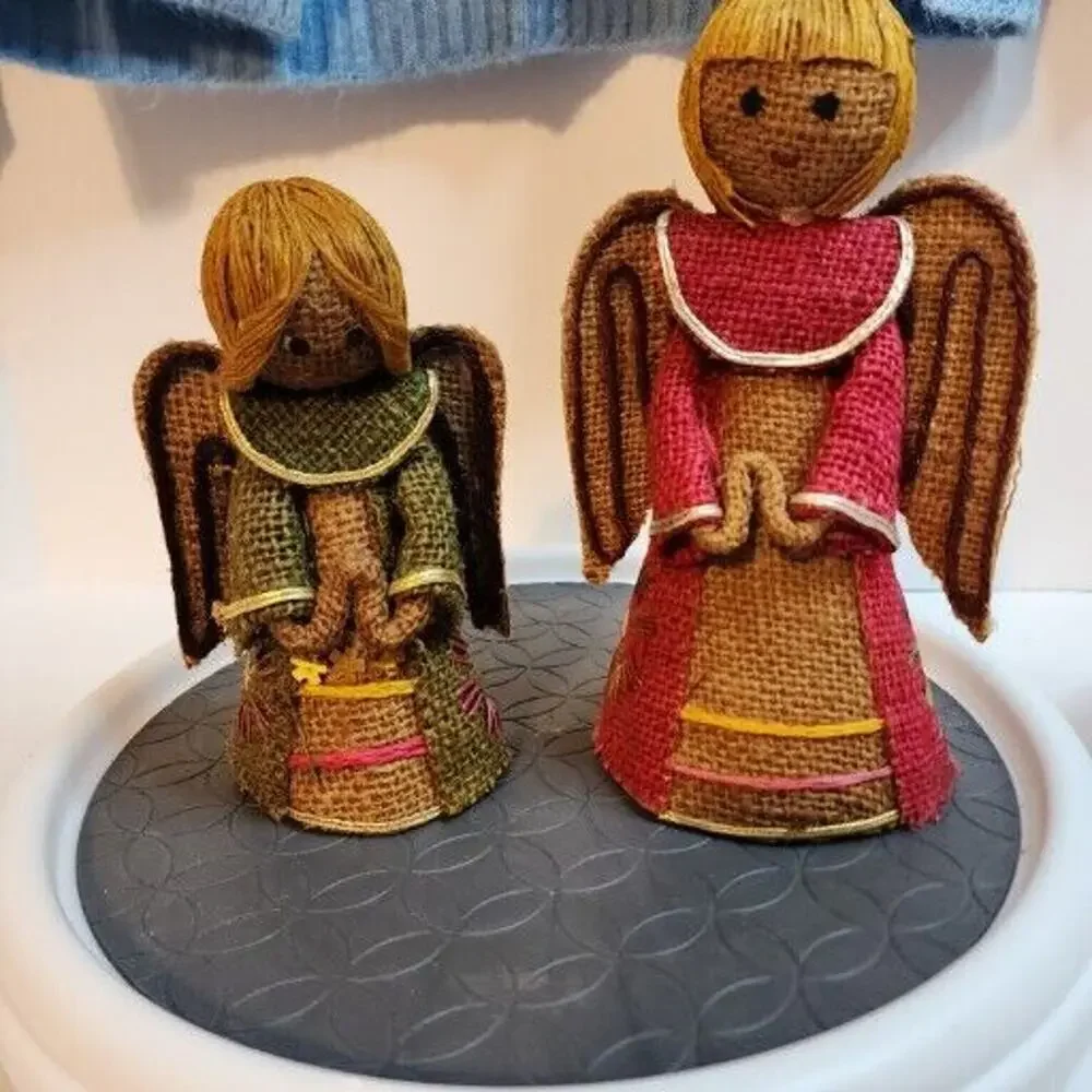 VTG Christmas Angel Tree Toppers Pair Burlap Cone Primitive MCM 6in 8in
